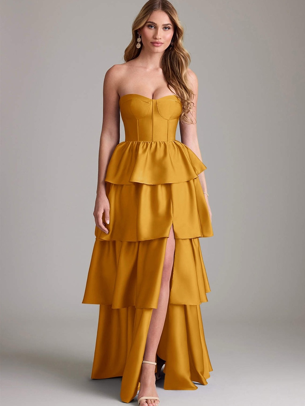 Azazie Faye Butterscotch A-Line Ruched Stretch Satin Dress size 12 NEW party